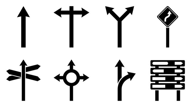 Collection of traffic junction and directional road sign silhouettes
