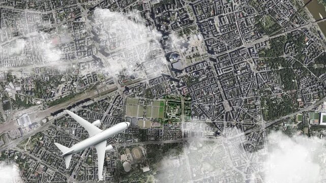 Airplane Flying over Palace of Culture and Science, Warsaw, Poland and Clouds. Aerial Airplane Scenes. Jet Flying Over Iconic Skyscraper and City Skyline. Aerial City Animation &ndash; Vox Style Map 4K