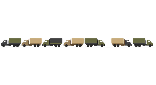 Military trucks in a convoy line.