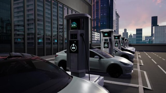 Row Of Electric Cars Charging At Modern Outdoor Ev Station In Urban Parking Lot