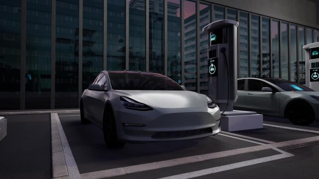 Row Of Electric Cars Charging At Modern Outdoor Ev Station In Urban Parking Lot