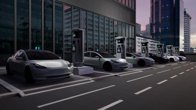 Row Of Electric Cars Charging At Modern Outdoor Ev Station In Urban Parking Lot