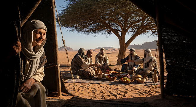 Smiling elderly woman peering from nomad tent entrance watching men feast under an ancient oak tree in a biblical setting historical middle eastern scene with traditional garments and desert vibe.