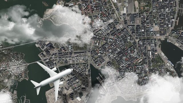 Airplane Flying over Helsinki Cathedral, Helsinki, Finland and Clouds. Aerial Airplane Scenes. Jet Flying Over Historic Cathedral and City Skyline. Aerial City Animation &ndash; Vox Style Map Animation 4K