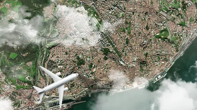 Airplane Flying over Bel&eacute;m Tower, Lisbon, Portugal and Clouds. Aerial Airplane Scenes. Jet Flying Over Historic Coastal Fortress and City Skyline. Aerial City Animation &ndash; Vox Style Map Animation in 4K