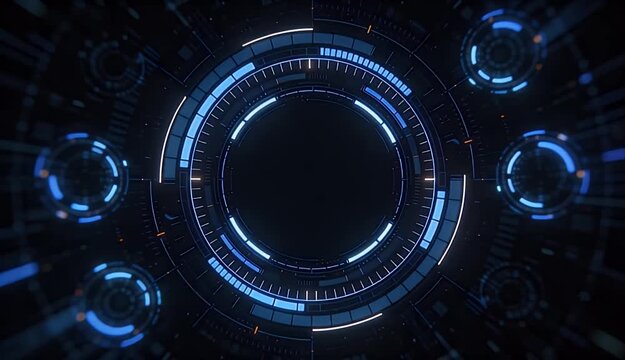 Futuristic Digital Circle Background Looping Abstract Interface Glow Blue Orange Dark Technology Circular Design for Sci Fi Display and Virtual Space