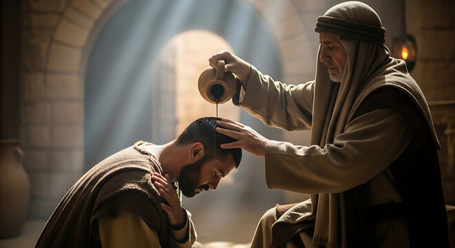 Devout man receiving holy anointing with golden oil poured from an ancient ceramic jug, spiritual biblical scene depicting a sacred ritual of blessing, consecration, and religious healing.