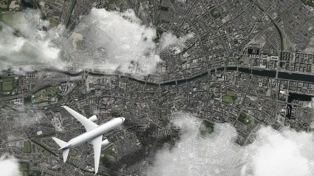 Airplane Flying over Temple Bar, Dublin, Ireland and Clouds. Aerial Airplane Scenes. Jet Flying Over Historic Cultural District and City Skyline. Aerial City Animation &ndash; Vox Style Map Animation in 4K
