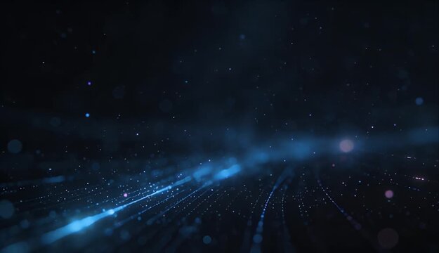 Abstract blue light trail looping background with glowing particle motion, dark digital wave and soft depth, abstract background of particle flow and glowing line for SEO friendly motion title