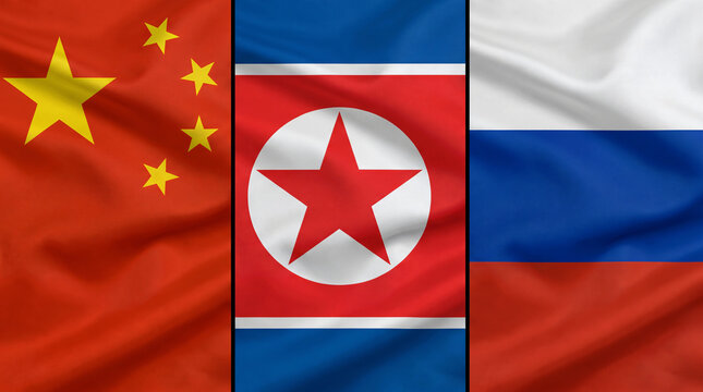 Triptych Split Screen China North Korea And Russia Flags Fabric Texture JPG