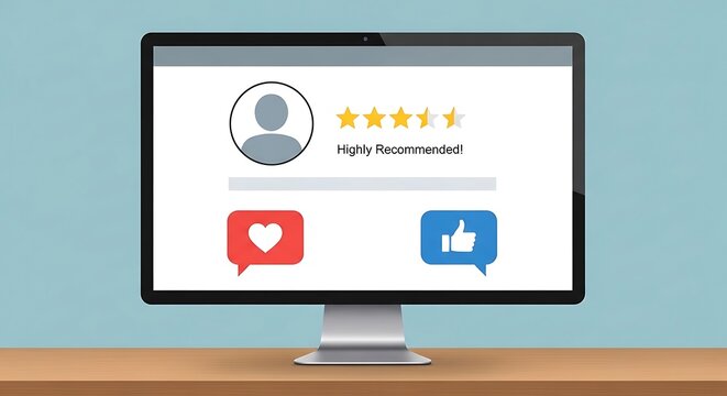 A highly recommended rating on a computer monitor with thumbs up and heart icons