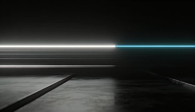 Abstract futuristic corridor background with glowing light and dark floor, minimal neon tunnel scene, abstract dark background with light line and floor reflection, looping futuristic scene