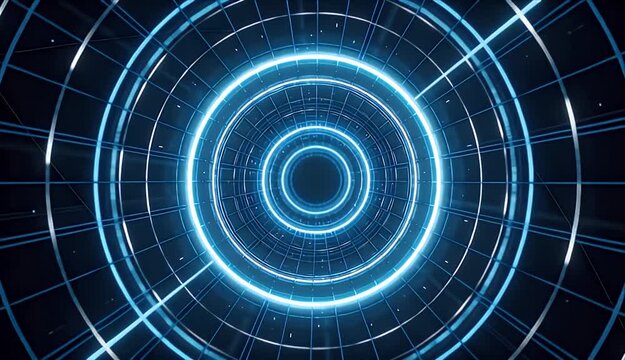 Abstract blue futuristic digital background with concentric circle tunnel, glowing grid lines, computer motion perspective, looping technology backdrop, light rays, speed and seamless abstract design