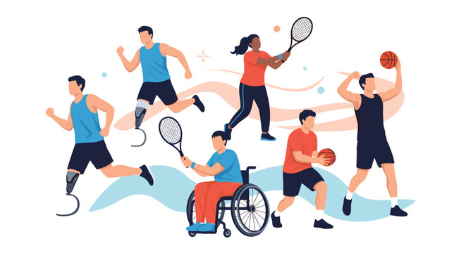 Diverse group of athletes with disabilities is shown participating in sports including running, tennis, and basketball.