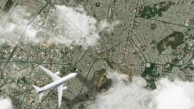 Airplane Flying over Acropolis of Athens, Athens, Greece and Clouds. Aerial Airplane Scenes. Jet Flying Over Ancient Landmark and City Skyline. Aerial City Animation &ndash; Vox Style Map Animation in 4K
