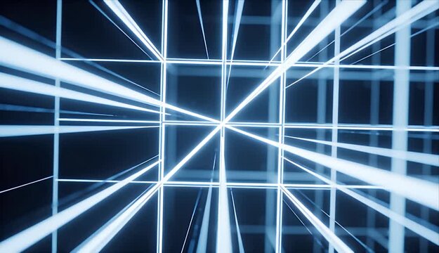 Abstract geometric background with looping light lines and blue grid pattern for modern digital design, glowing line blue looping background with bright radial light grid and abstract tunnel glow
