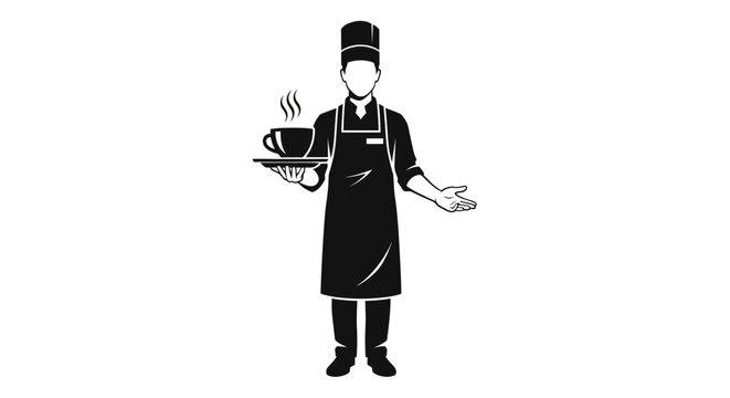Black and white waiter holding a cup of coffee