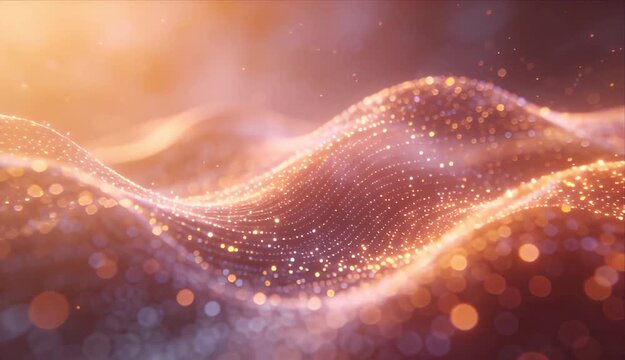 Abstract wave background with glowing particle looping light, soft bokeh, warm orange and purple tones abstract looping background glowing particle wave warm light with soft bokeh flowing mesh