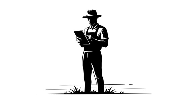 Black silhouette of a farmer reading a tablet outdoors