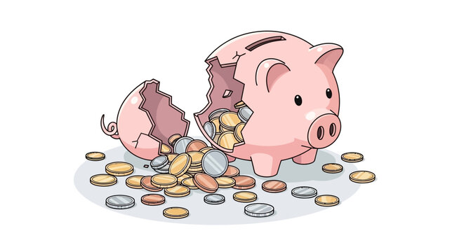 Piggy bank with coins spilling out.