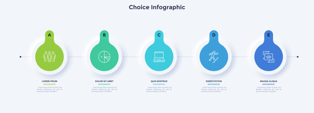 Vector illustration of five step business infographic neumorphism template with circular icons. Sequential process diagram for presentation slide. Corporate data visualization with text labels.