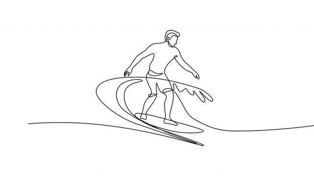 Continuous One Line Drawing Surfer Riding Ocean Wave Animation Loop Minimal Line Art