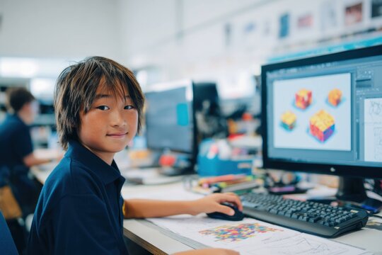 Child boy using computer for 3d modeling and design in classroom environment with digital creativity and learning technology for education and development.