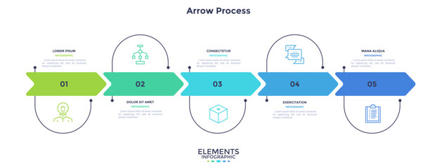 Arrow process infographic with five steps and icons. Horizontal business timeline template for presentation slide. Vector illustration chart for workflow, project planning and data visualization. © AKrasov
