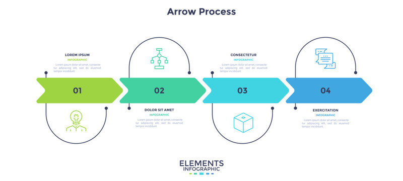 Arrow process infographic with four steps and icons. Horizontal business timeline template for presentation slide. Vector illustration chart for workflow, project planning and data visualization.