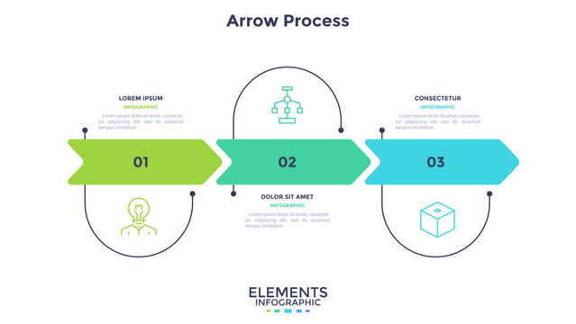 Arrow process infographic with three steps and icons. Horizontal business timeline template for presentation slide. Vector illustration chart for workflow, project planning and data visualization.