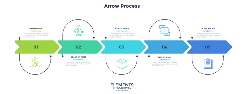 Arrow process infographic with five steps and icons. Horizontal business timeline template for presentation slide. Vector illustration chart for workflow, project planning and data visualization.