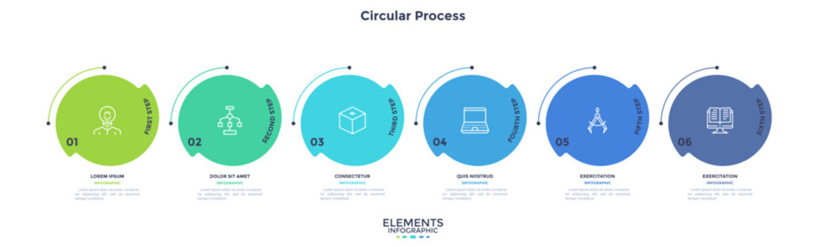 Vector illustration, Infographic template with circular process diagram. Six step business presentation slide layout with line icons. Creative workflow visualization for corporate data analysis report