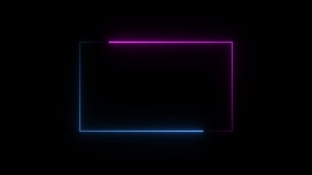 Light glowing neon frame on black. Blue and magenta light glowing rectangle. Modern light glowing border for digital display and professional graphic design framing use.