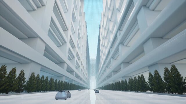 Futuristic Concept Car Driving Through Neon Cyberpunk City Street At Night