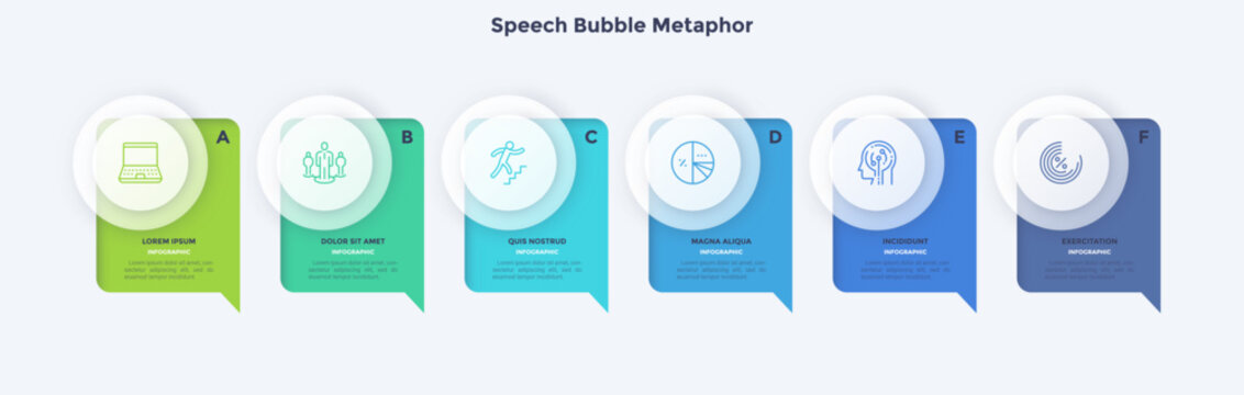 Modern business infographic template with six speech bubble stages. Presentation slide layout featuring laptop, team and step progress icons for data visualization and strategy concept.
