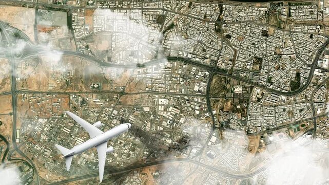 Airplane Flying over Sultan Qaboos Grand Mosque, Muscat, Oman and Clouds. Aerial Airplane Scenes. Jet Flying Over Iconic Mosque and City Skyline. Aerial City Animation &ndash; Vox Style Map Animation in 4K
