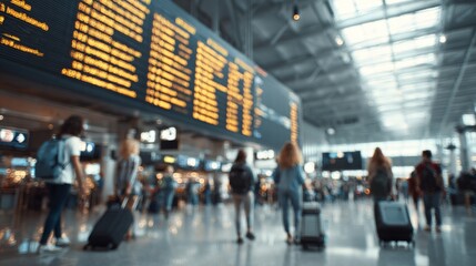 Fototapeta premium Airport terminal travelers with luggage under flight information board, blurred crowd in modern transit hall, global tourism journey planning