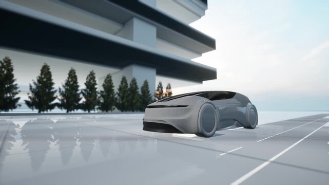 Futuristic Concept Car Driving Through Neon Cyberpunk City Street At Night