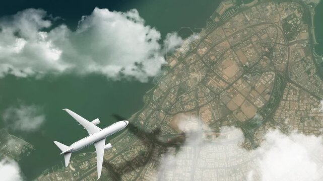 Airplane Flying over Kuwait Towers, Kuwait City, Kuwait and Clouds. Aerial Airplane Scenes. Jet Flying Over Iconic Towers and City Skyline. Aerial City Animation &ndash; Vox Style Map Animation in 4K
