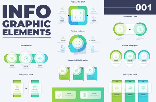 Vector illustration, infographic element set for business presentation and report. Collection of circular process, comparison chart, rectangular design and metaphor icons for data visualization