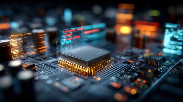 Close-up of a futuristic circuit board with glowing microchips and holographic data displays