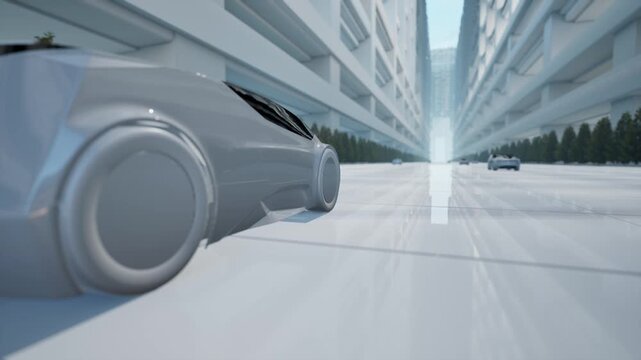 Futuristic Concept Car Driving Through Neon Cyberpunk City Street At Night