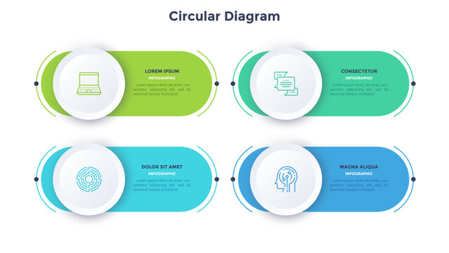 Vector illustration. Circular diagram infographic layout with four steps. Modern business presentation slide template featuring process visualization, data flow icons, and text blocks for professional
