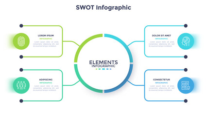 Fototapeta na wymiar Swot infographic template with four sections and central cycle diagram. Vector illustration, business presentation slide layout for strategic planning and management analysis process. Modern data