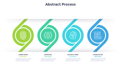 Naklejka premium Vector illustration, Infographic template with four circular process steps. Business presentation slide design showing abstract workflow stages. Modern data visualization chart for corporate strategy