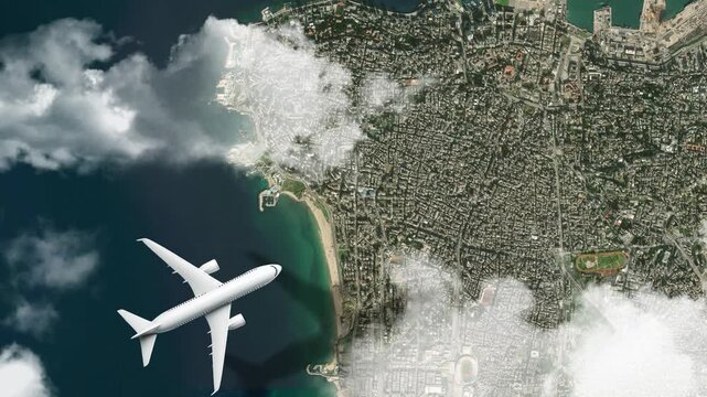 Airplane Flying over Raouch&eacute; Rocks (Pigeon Rocks), Beirut, Lebanon and Clouds. Aerial Airplane Scenes. Jet Flying Over Coastal Landmark and City Skyline. Aerial City Animation &ndash; Vox Style Map 4K
