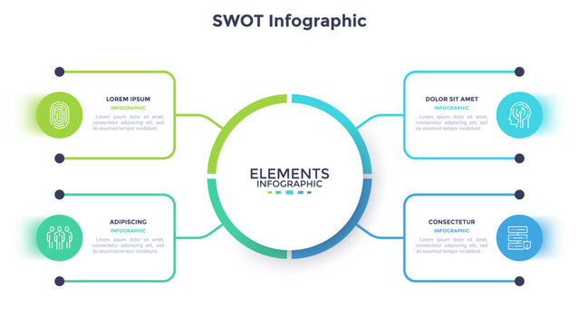 Swot infographic template with four sections and central cycle diagram. Vector illustration, business presentation slide layout for strategic planning and management analysis process. Modern data