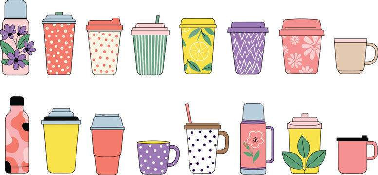 Colorful Drink Cup Collection with Floral, Polka Dot, and Geometric Patterns for Coffee, Tea, and Beverage Designs