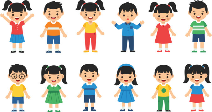 Cute Cartoon Children Set in Colorful Outfits with Different Poses for Kids' Design, Education, and Playful Themes