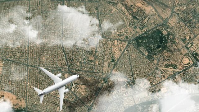 Airplane Flying over Al-Shaheed Monument, Baghdad, Iraq and Clouds. Aerial Airplane Scenes. Jet Flying Over Historic Monument and City Skyline. Aerial City Animation &ndash; Vox Style Map Animation in 4K